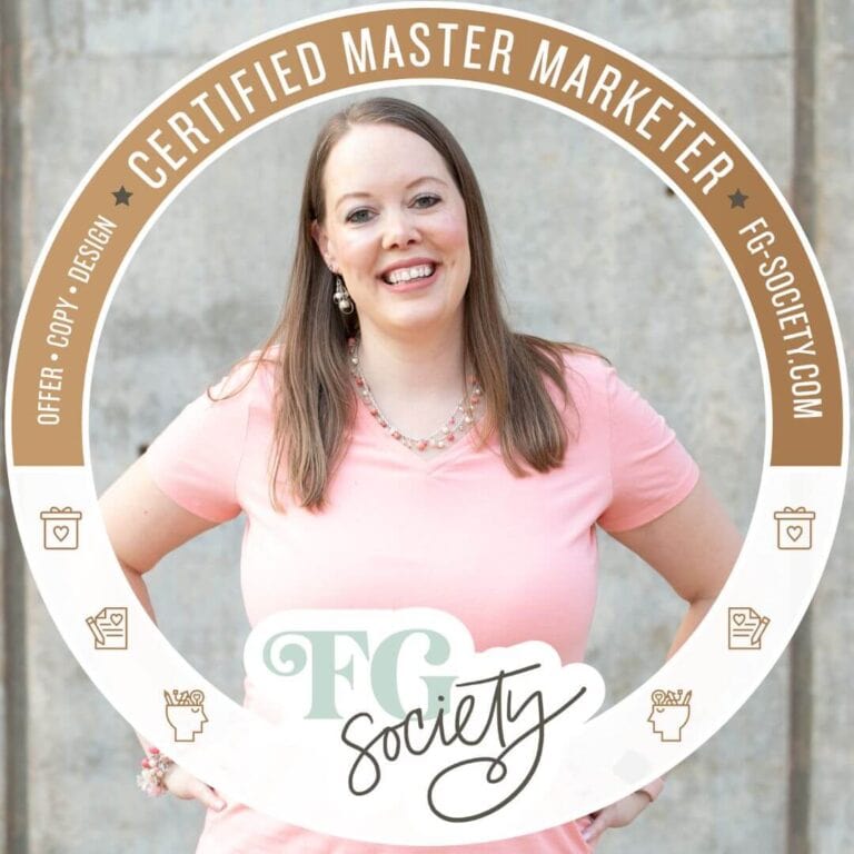photo of melissa standing smiling at the camera with a "FG Society Certified Master Marketer" border