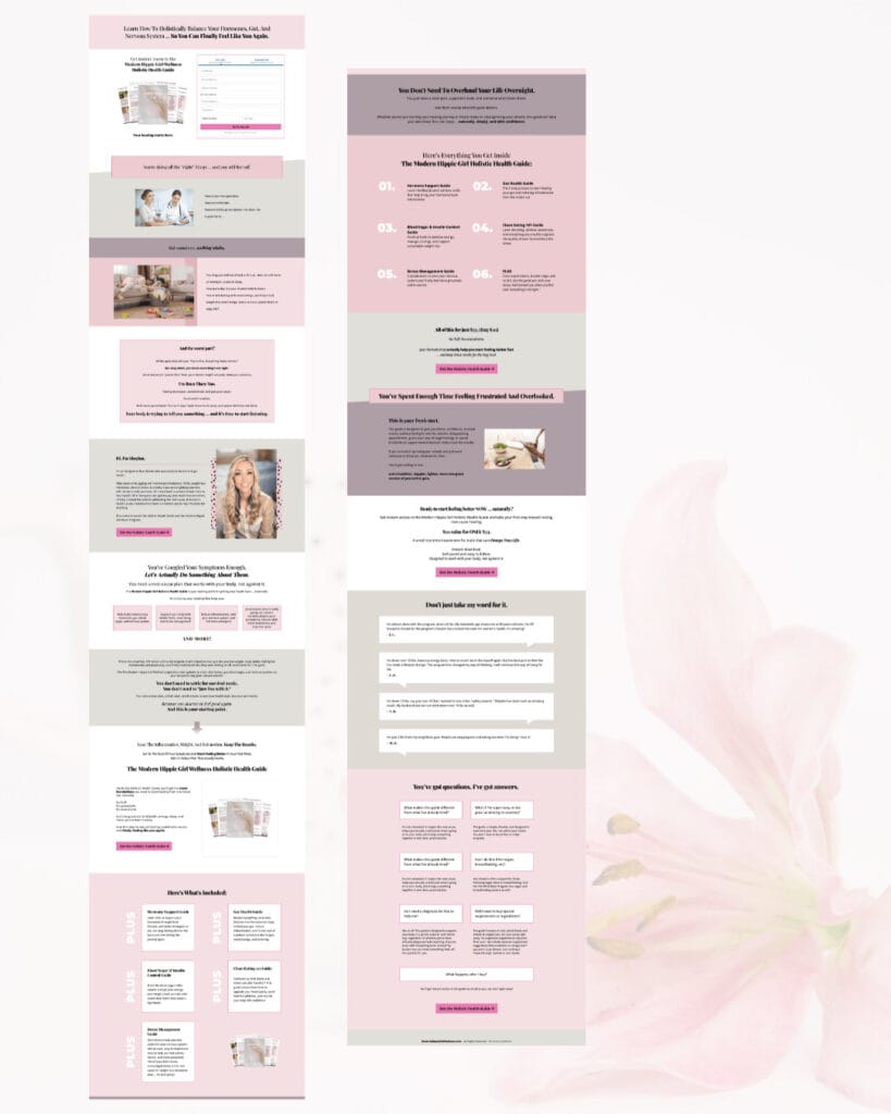 Portfolio 2 graphic of the sales page design, sales page copy, and funnel build for Modern Hippie Girl Wellness, by Melissa Mackey Creative