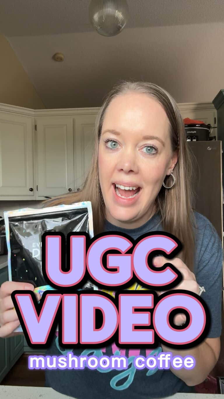 thumbnail of melissa holding a mushroom coffee product with the text "UGC video - mushroom coffee"